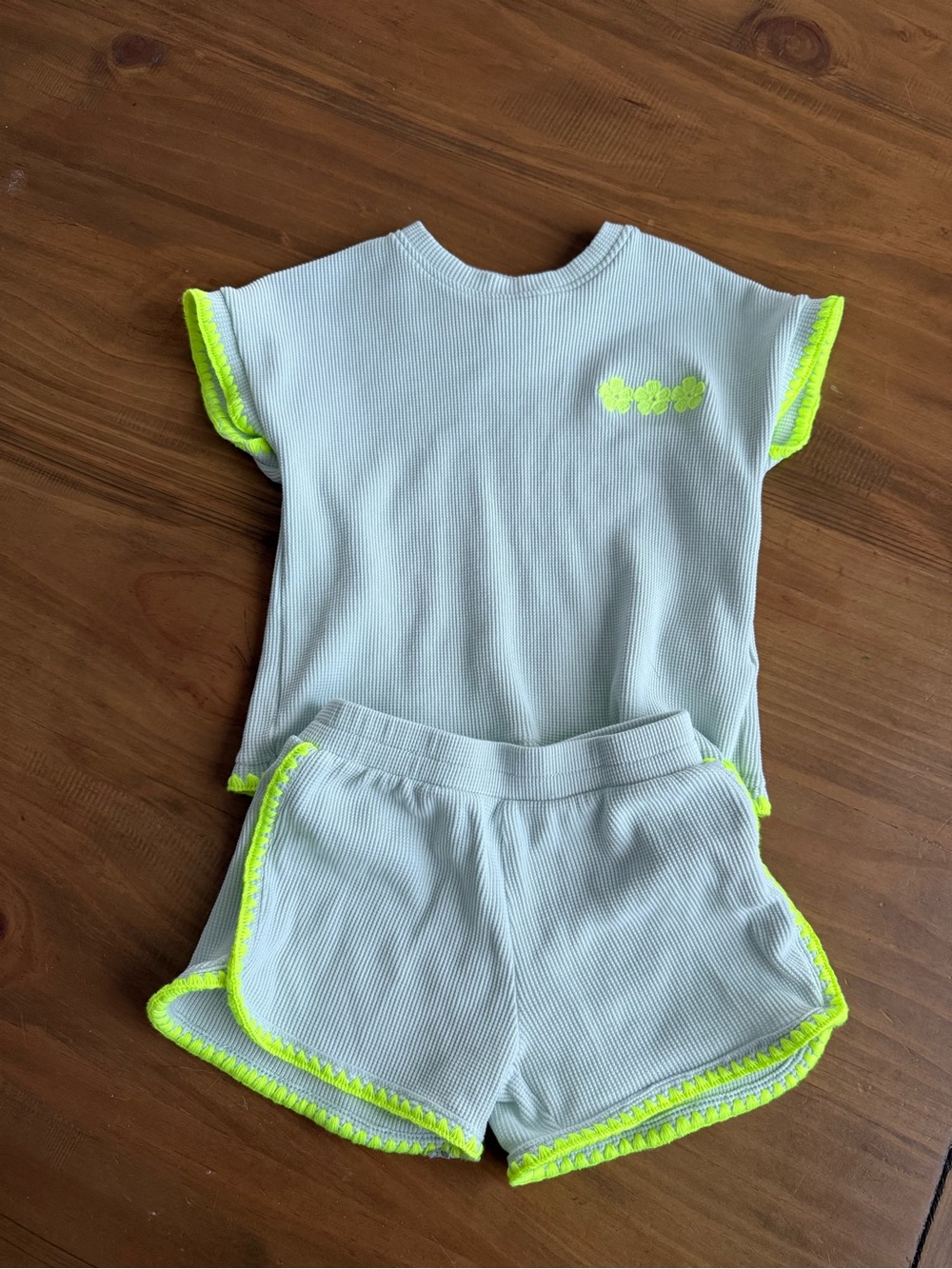 Zara Light Blue Ribbed Two-Piece Set with Neon Yellow Trim